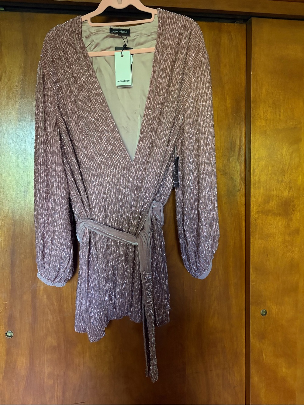 Retrofete Rose Gold Sequin Wrap Mini Dress with Belt